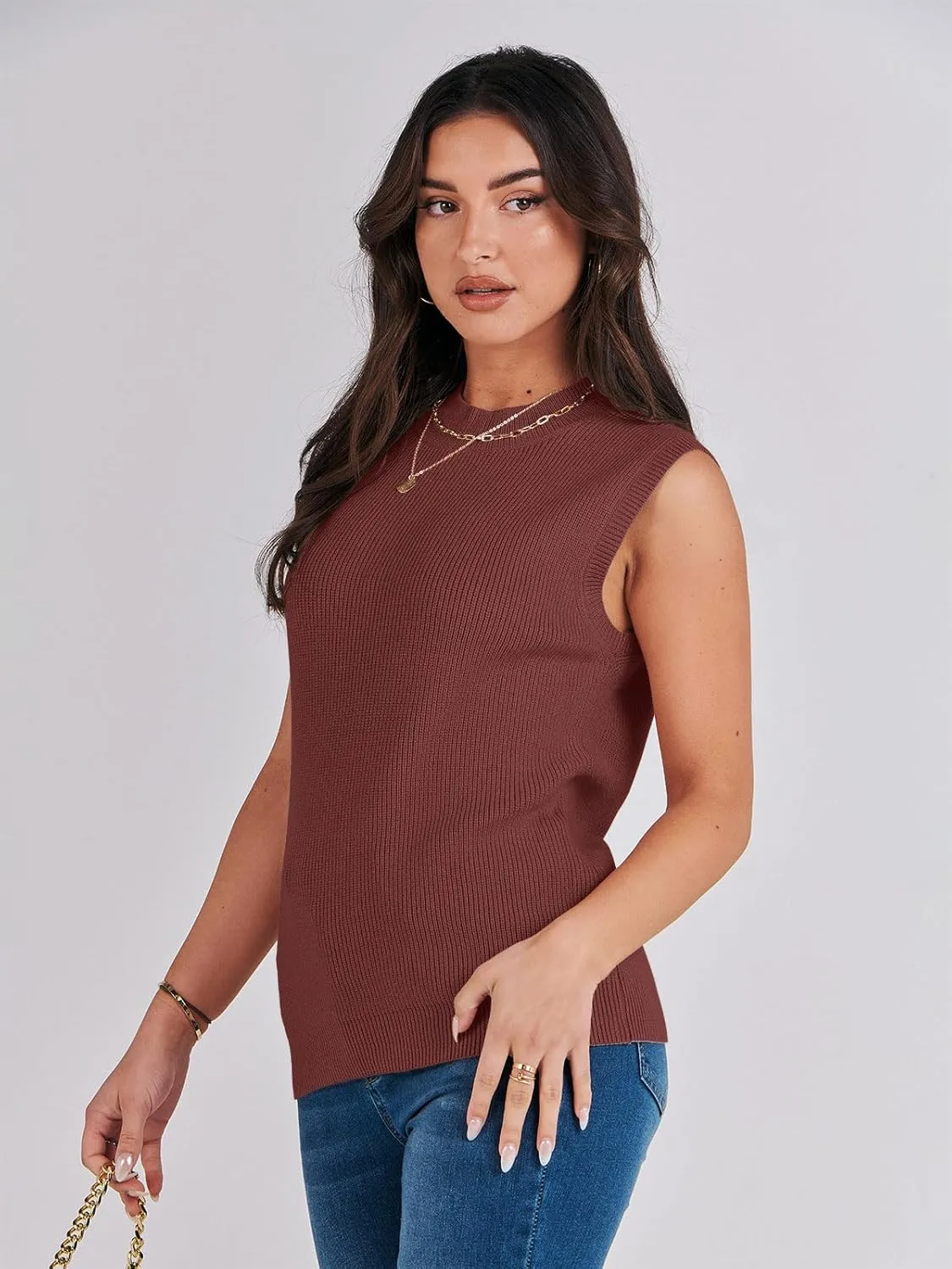 ANRABESS Womens Summer Sleeveless Tops Casual Mock Neck Loose Fit Knit Lightweight Sweater Pullover Top