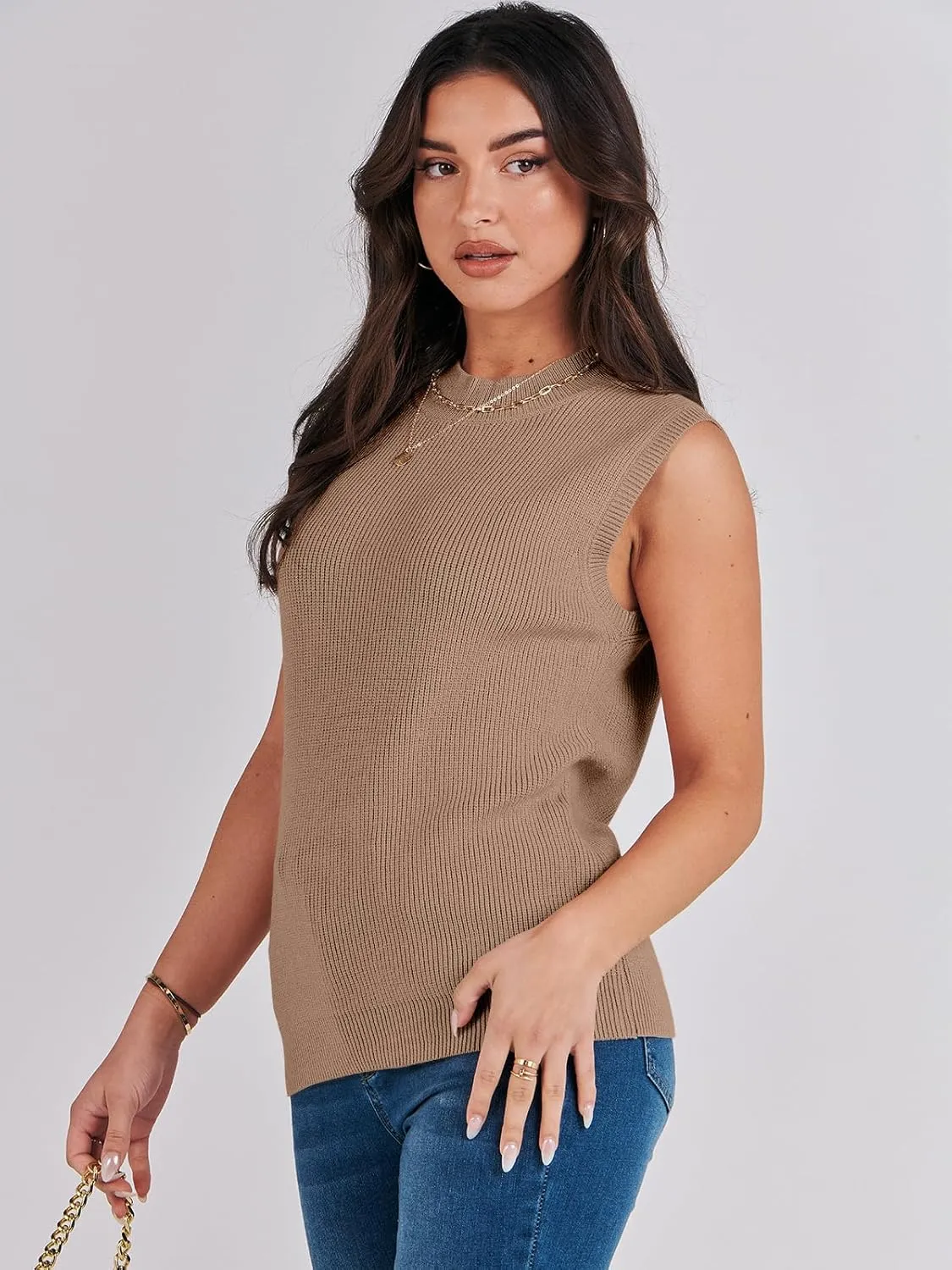 ANRABESS Womens Summer Sleeveless Tops Casual Mock Neck Loose Fit Knit Lightweight Sweater Pullover Top