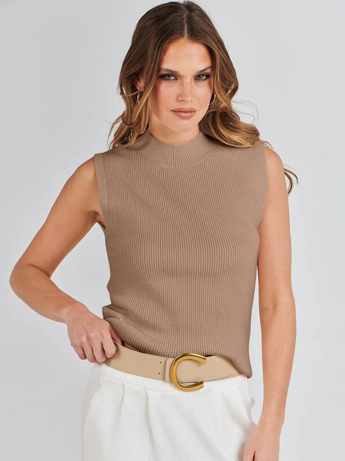 ANRABESS Womens Summer Sleeveless Tops Casual Mock Neck Loose Fit Knit Lightweight Sweater Pullover Top