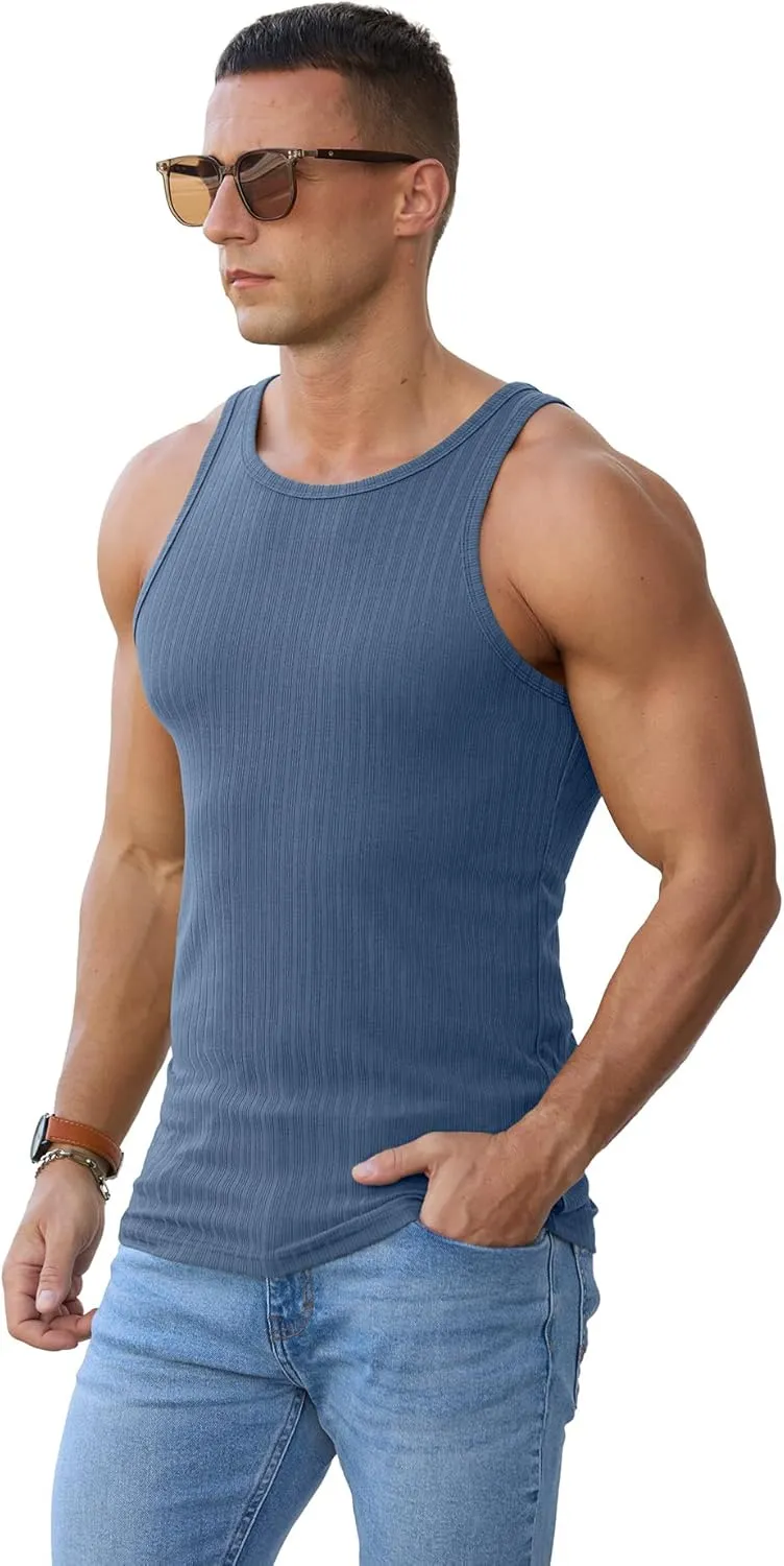 Askdeer Men's Ribbed Tank Top Casual Workout Sleeveless Shirts Soft Gym Muscle Bodybuilding Tee
