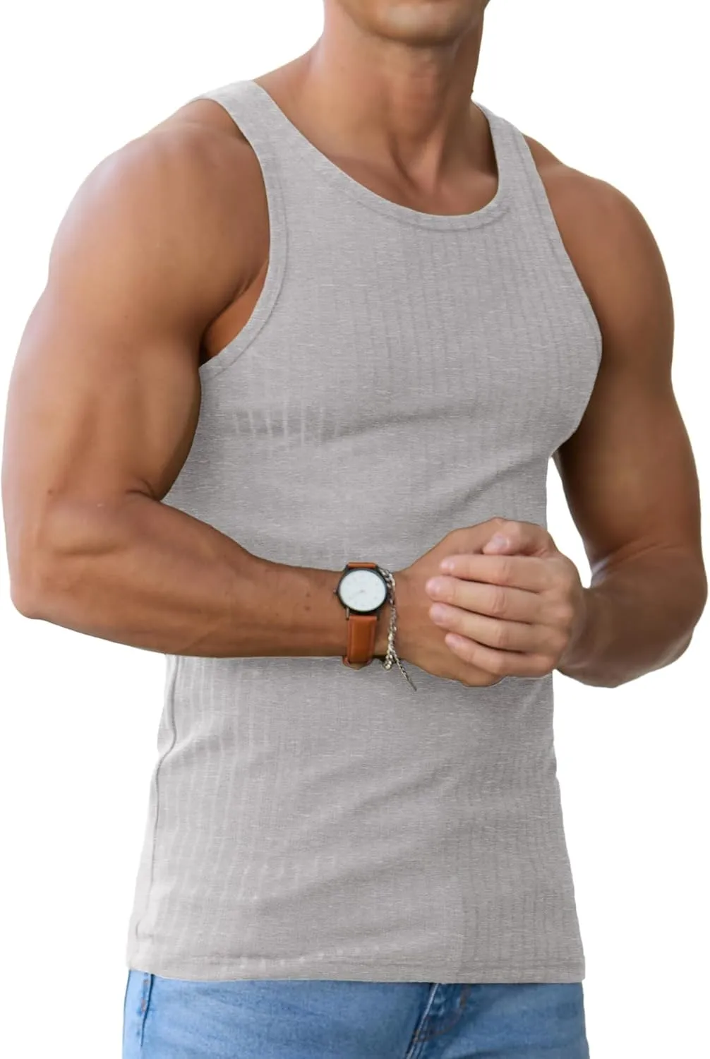 Askdeer Men's Ribbed Tank Top Casual Workout Sleeveless Shirts Soft Gym Muscle Bodybuilding Tee