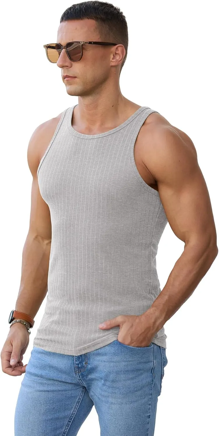 Askdeer Men's Ribbed Tank Top Casual Workout Sleeveless Shirts Soft Gym Muscle Bodybuilding Tee