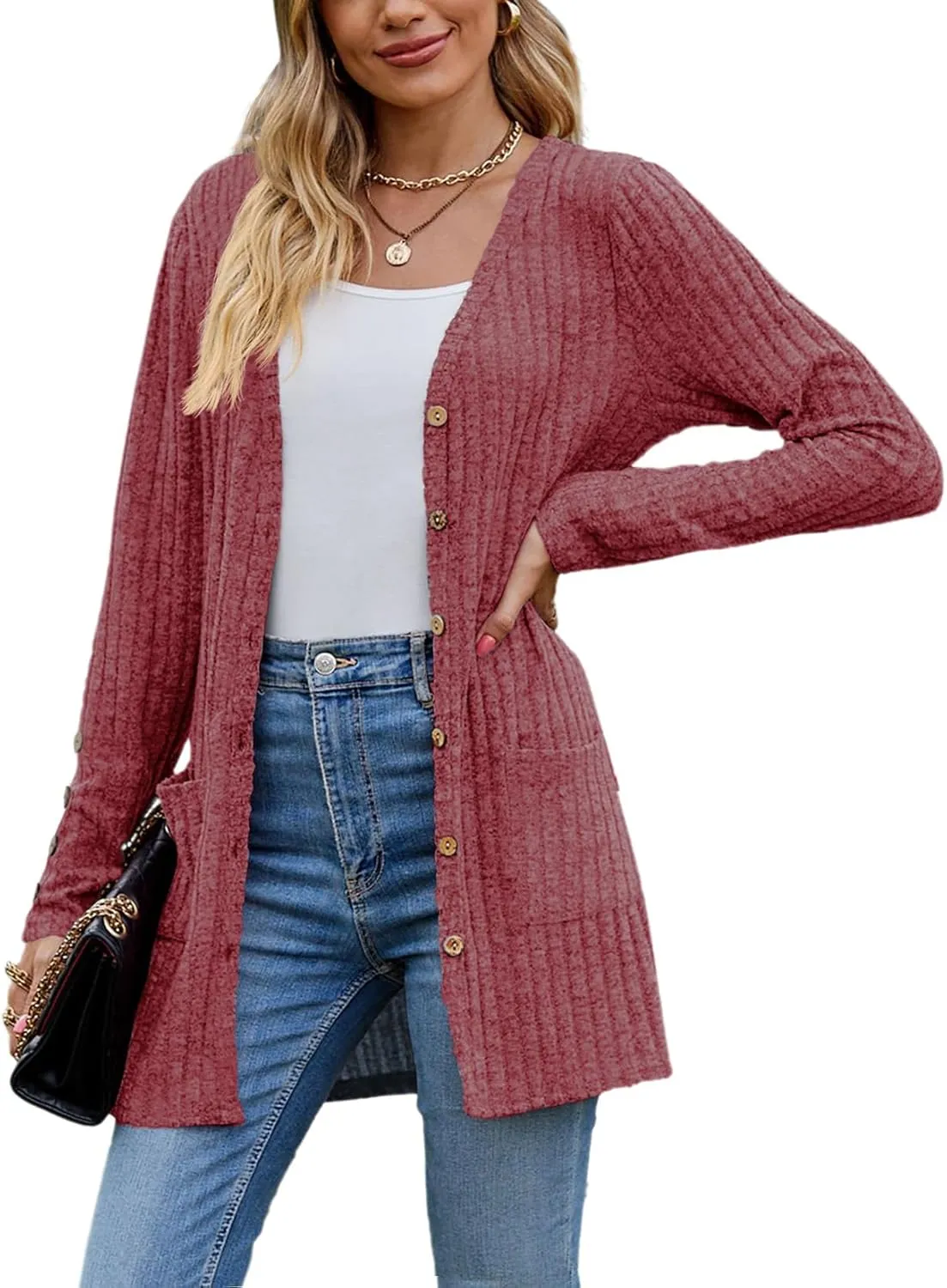 Askyes Womens Cardigan Sweater Long Sleeve Lightweight Open Front Button Closure Fall Cardigans for Women Casual with Pockets