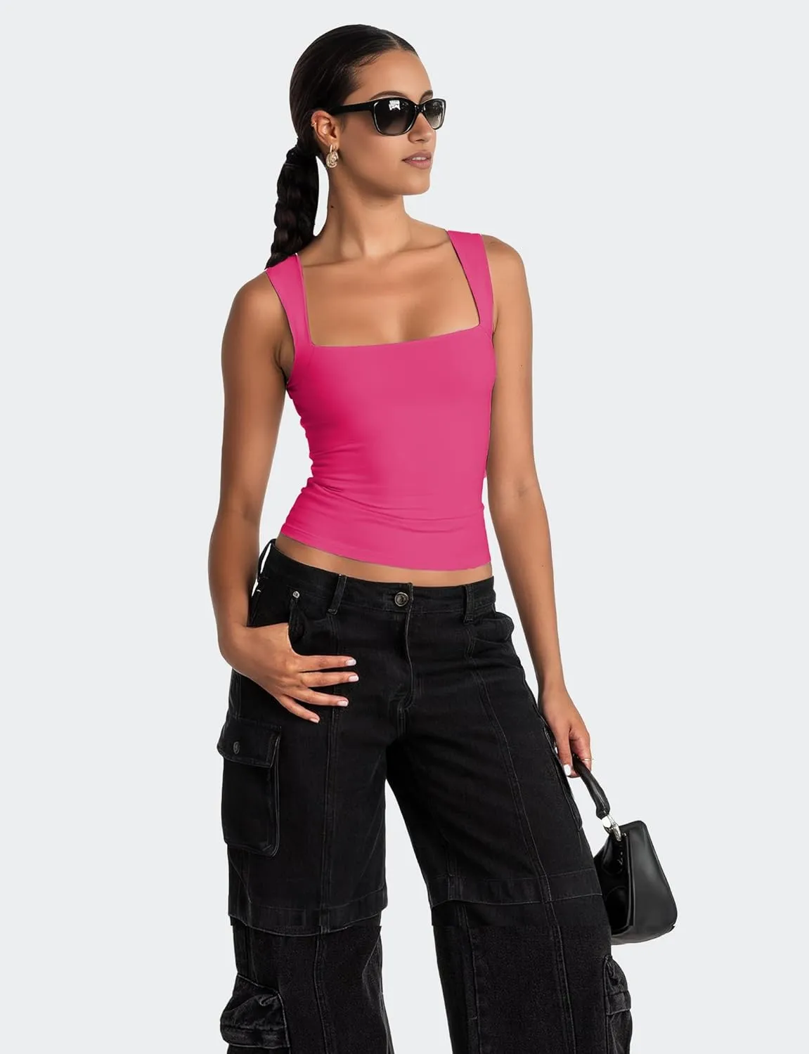 AURUZA Square Neck Tank Tops for Women, Sleeveless Double Lined Tops for Women Sexy Going Out Top Trendy Basic Fitted Shirts