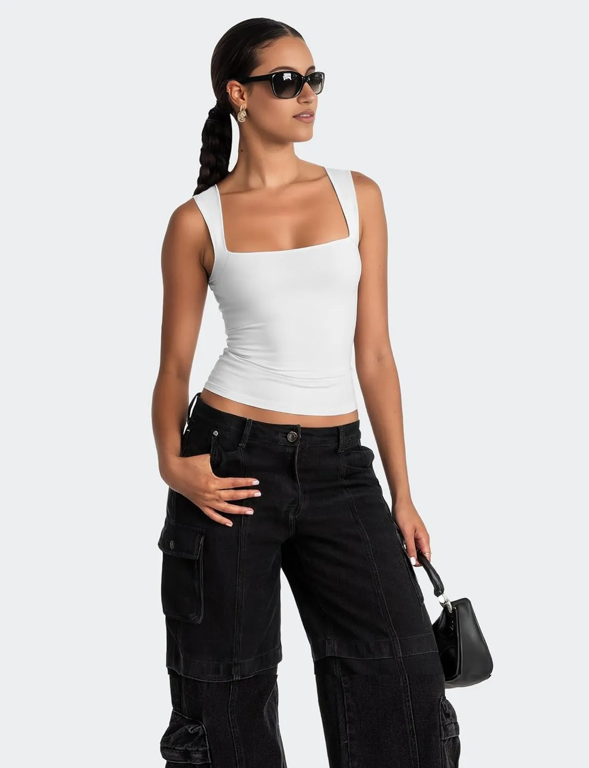 AURUZA Square Neck Tank Tops for Women, Sleeveless Double Lined Tops for Women Sexy Going Out Top Trendy Basic Fitted Shirts