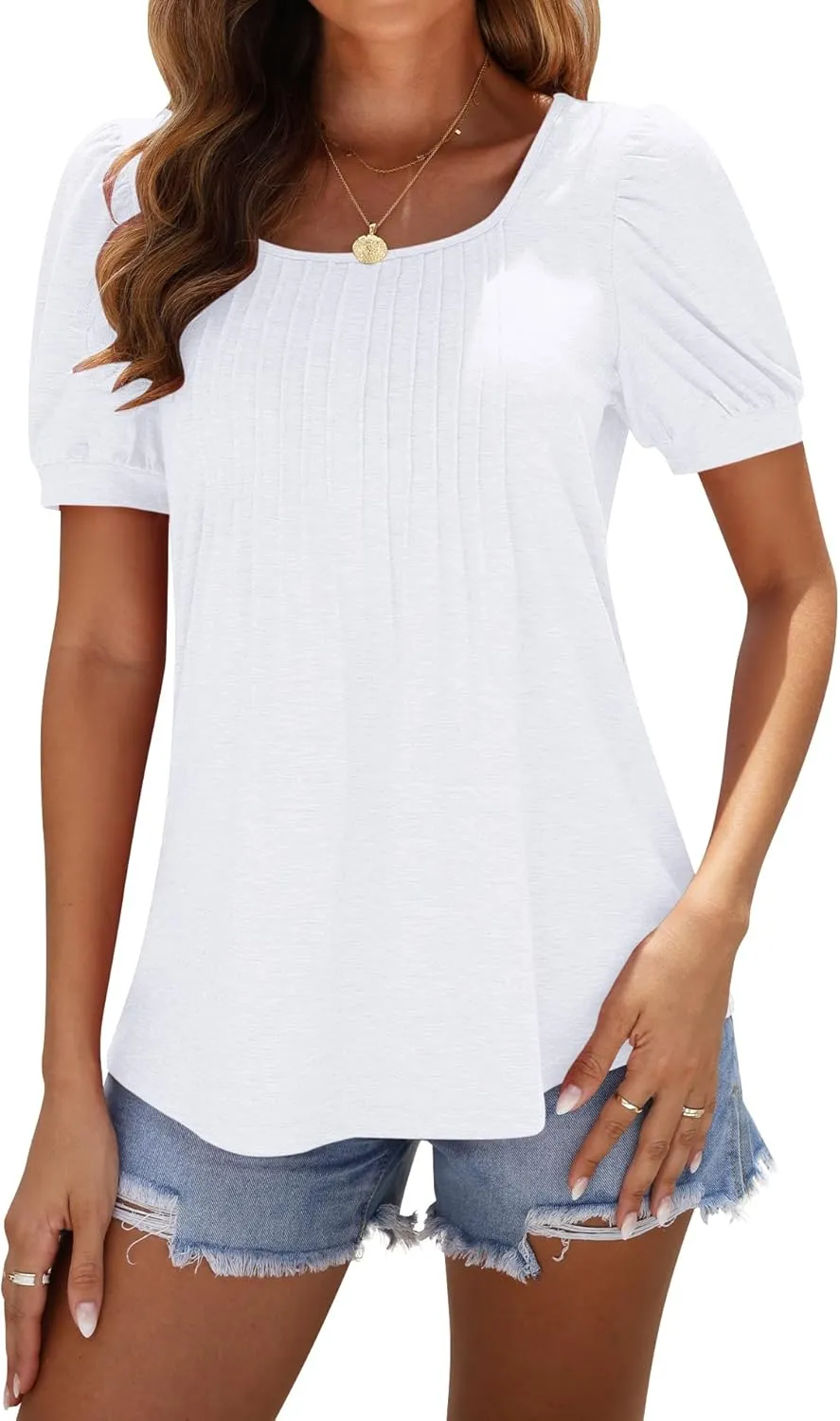 AUSELILY Womens Summer T Shirts Dressy Puff Short Sleeve Tunic Tops Pleated Square Neck Summer Top 2025 Trendy