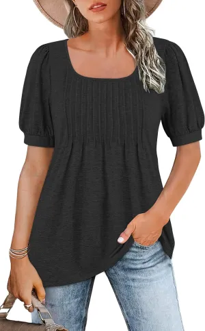 AUSELILY Womens Summer T Shirts Dressy Puff Short Sleeve Tunic Tops Pleated Square Neck Summer Top 2025 Trendy