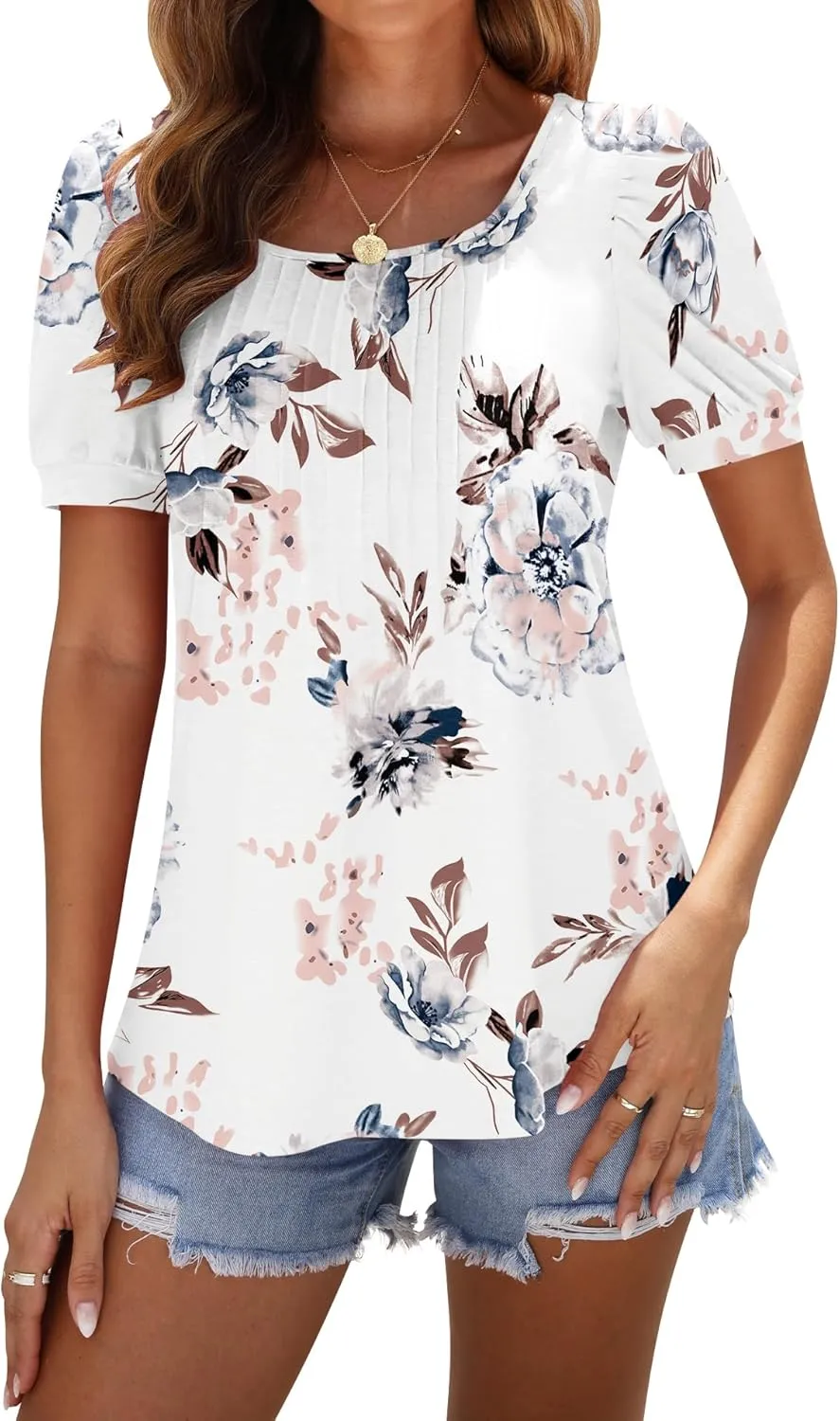 AUSELILY Womens Summer T Shirts Dressy Puff Short Sleeve Tunic Tops Pleated Square Neck Summer Top 2025 Trendy