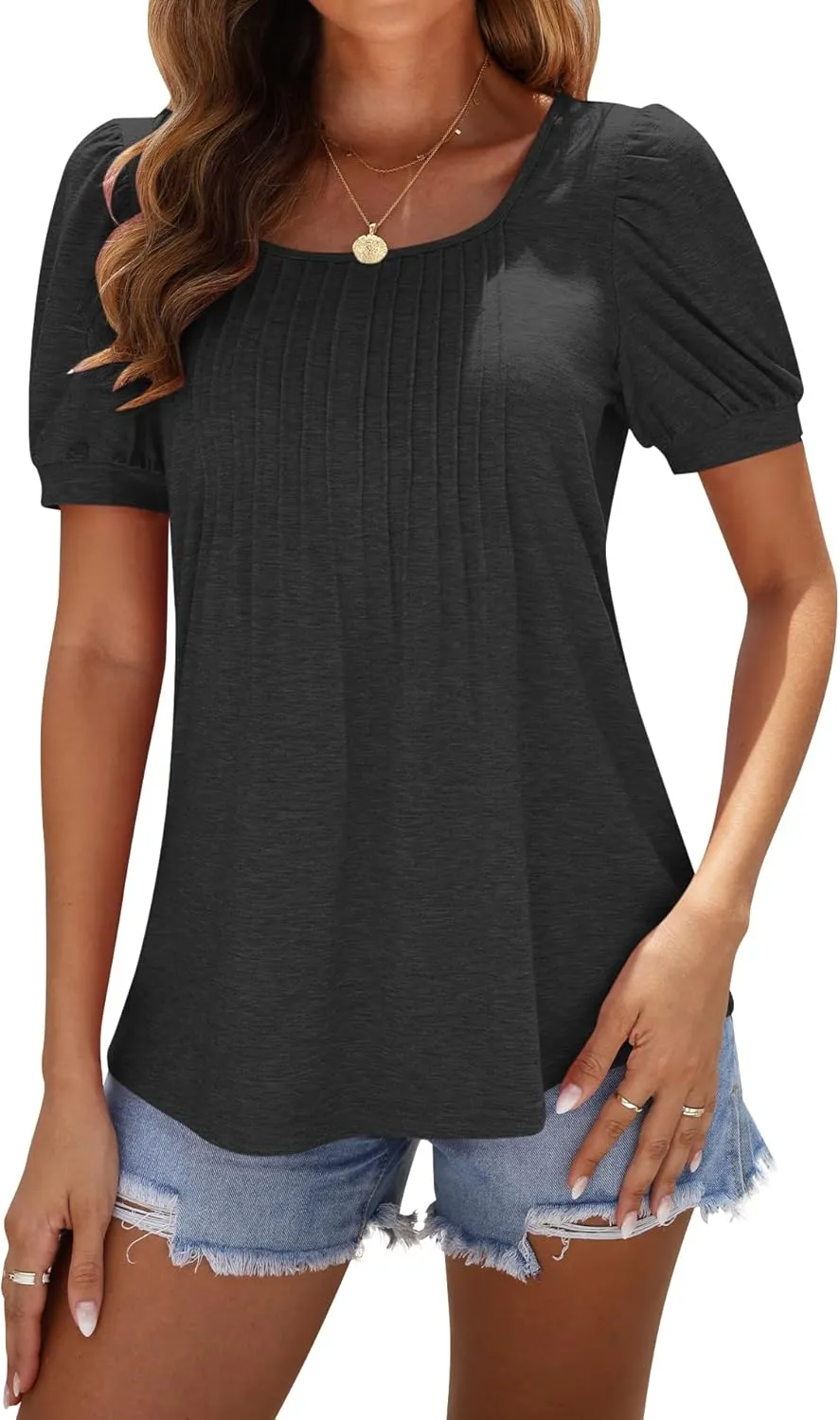 AUSELILY Womens Summer T Shirts Dressy Puff Short Sleeve Tunic Tops Pleated Square Neck Summer Top 2025 Trendy