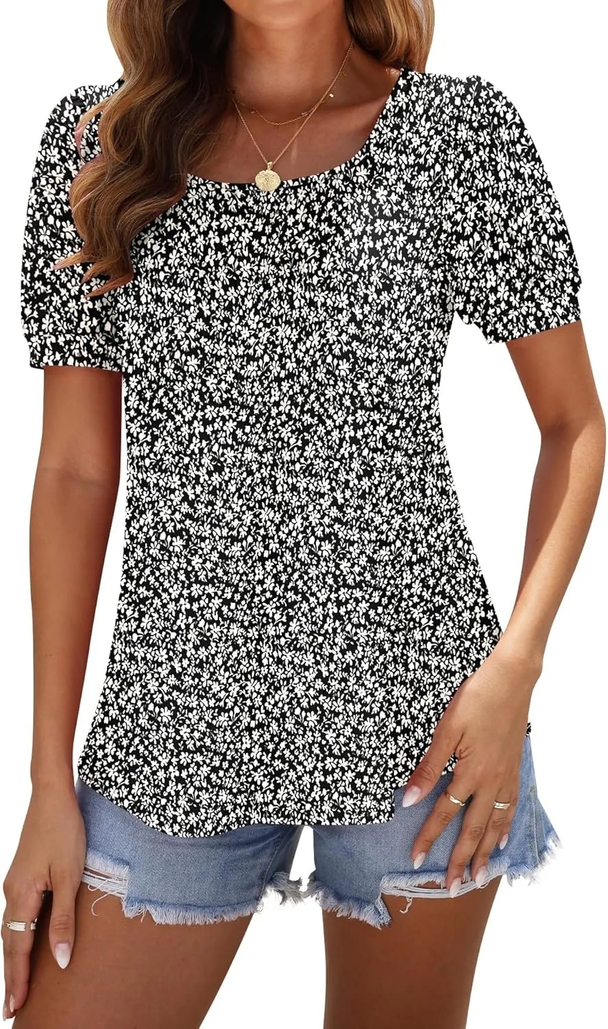 AUSELILY Womens Summer T Shirts Dressy Puff Short Sleeve Tunic Tops Pleated Square Neck Summer Top 2025 Trendy