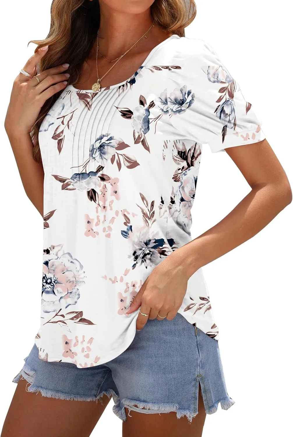 AUSELILY Womens Summer T Shirts Dressy Puff Short Sleeve Tunic Tops Pleated Square Neck Summer Top 2025 Trendy