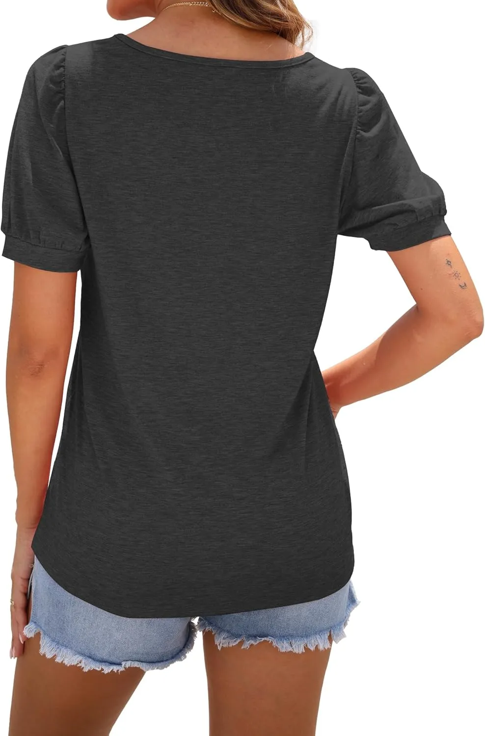 AUSELILY Womens Summer T Shirts Dressy Puff Short Sleeve Tunic Tops Pleated Square Neck Summer Top 2025 Trendy