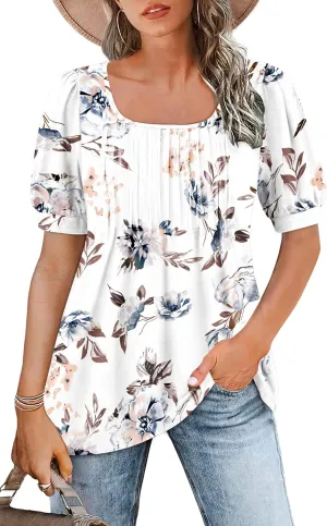 AUSELILY Womens Summer T Shirts Dressy Puff Short Sleeve Tunic Tops Pleated Square Neck Summer Top 2025 Trendy