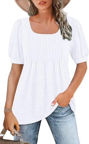 AUSELILY Womens Summer T Shirts Dressy Puff Short Sleeve Tunic Tops Pleated Square Neck Summer Top 2025 Trendy