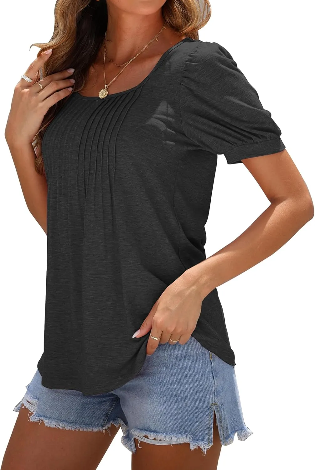 AUSELILY Womens Summer T Shirts Dressy Puff Short Sleeve Tunic Tops Pleated Square Neck Summer Top 2025 Trendy