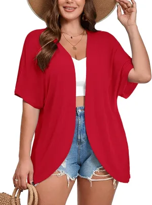 AusLook Women's Plus Size Short Sleeve Lightweight Open Front Cardigan Red 4X Cover Ups Shrugs Shawls and Wraps Kimono Jacket Coat