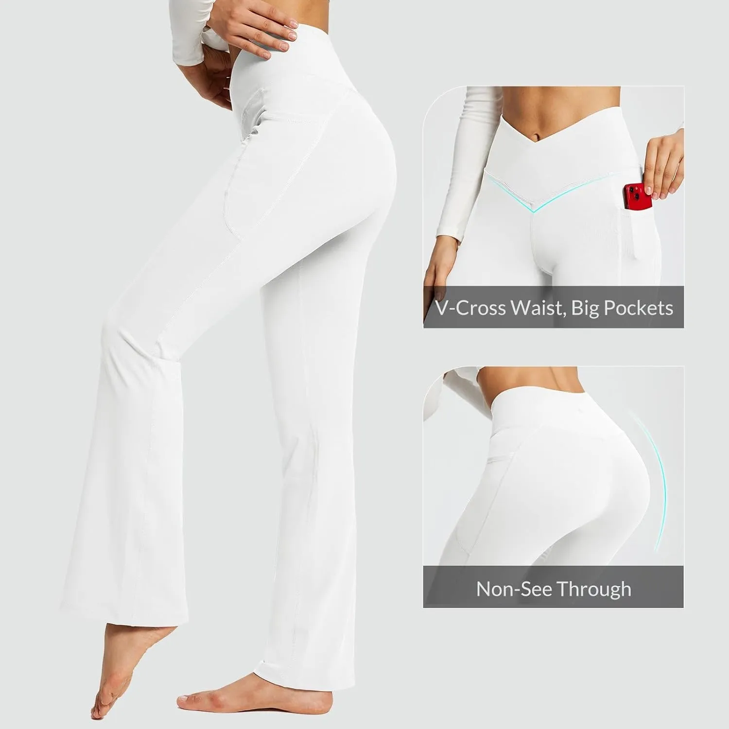 baleaf Women's Yoga Pants V Crossover Flare Leggings with Pockets High Waist Casual Workout Gym Bell Bottom Leggings