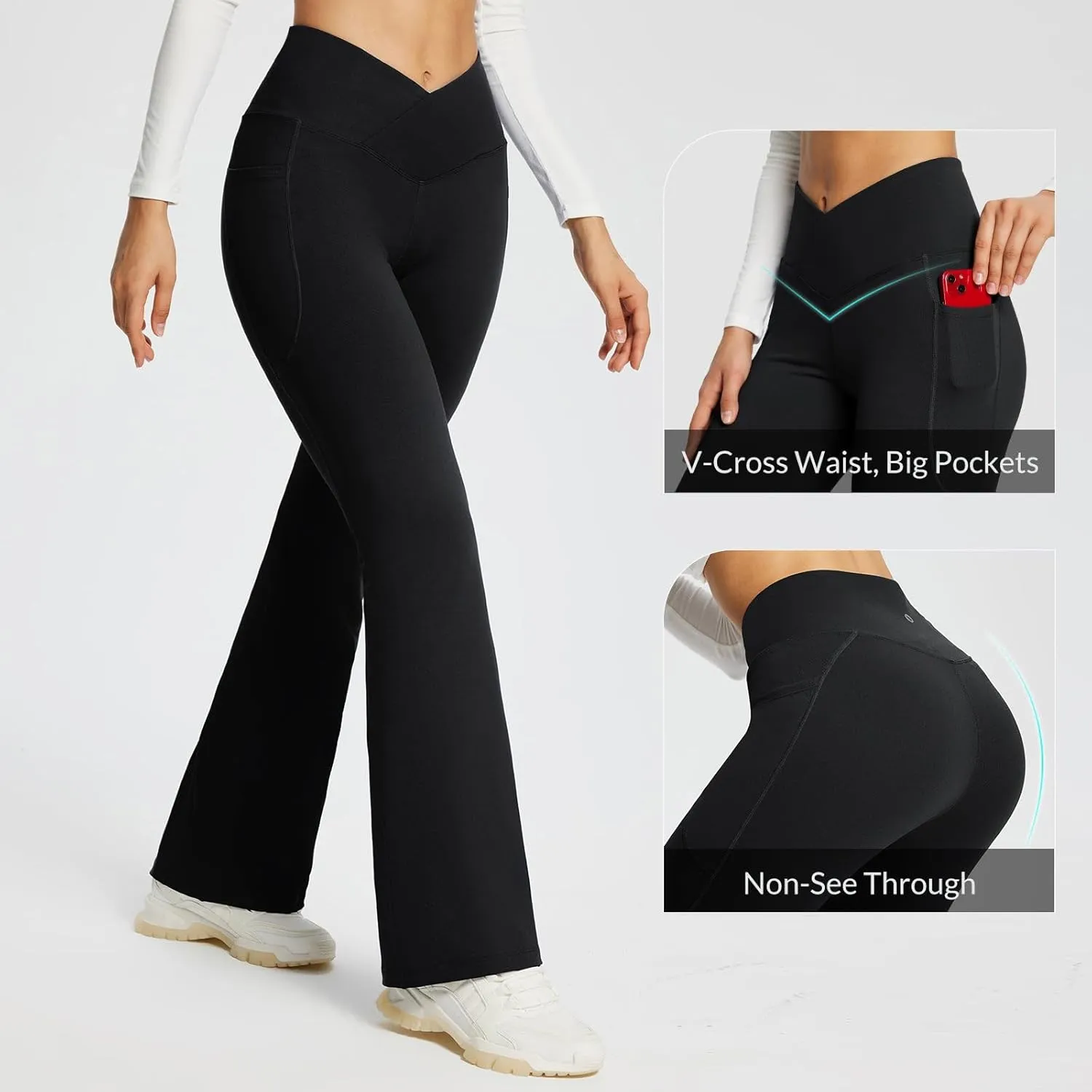 baleaf Women's Yoga Pants V Crossover Flare Leggings with Pockets High Waist Casual Workout Gym Bell Bottom Leggings