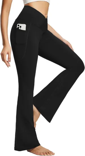 baleaf Women's Yoga Pants V Crossover Flare Leggings with Pockets High Waist Casual Workout Gym Bell Bottom Leggings