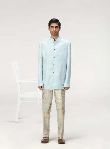 Bandhgala Ice Blue Satin Linen
