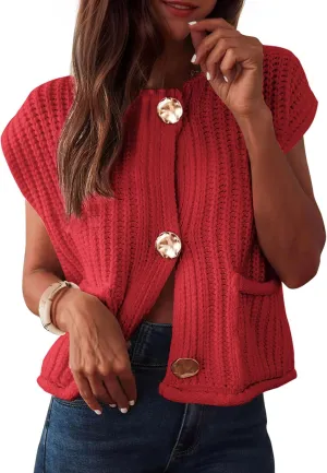Baonmy Women's Sleeveless Cropped Chunky Knit Cardigan 2025 Casual Button Down Crochet Sweater Vest Tops with Pockets