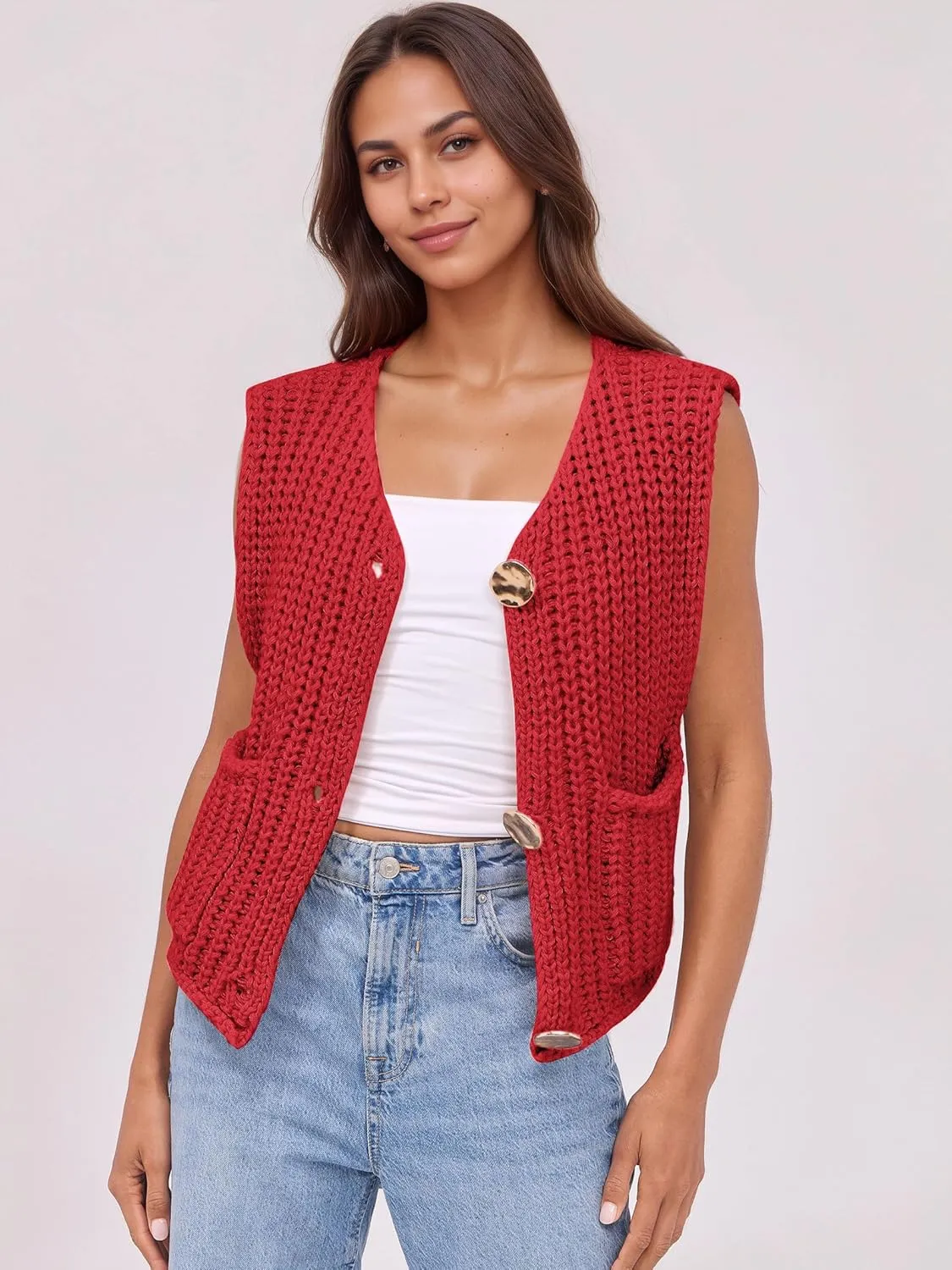 Baonmy Women's Sleeveless Cropped Chunky Knit Cardigan 2025 Casual Button Down Crochet Sweater Vest Tops with Pockets