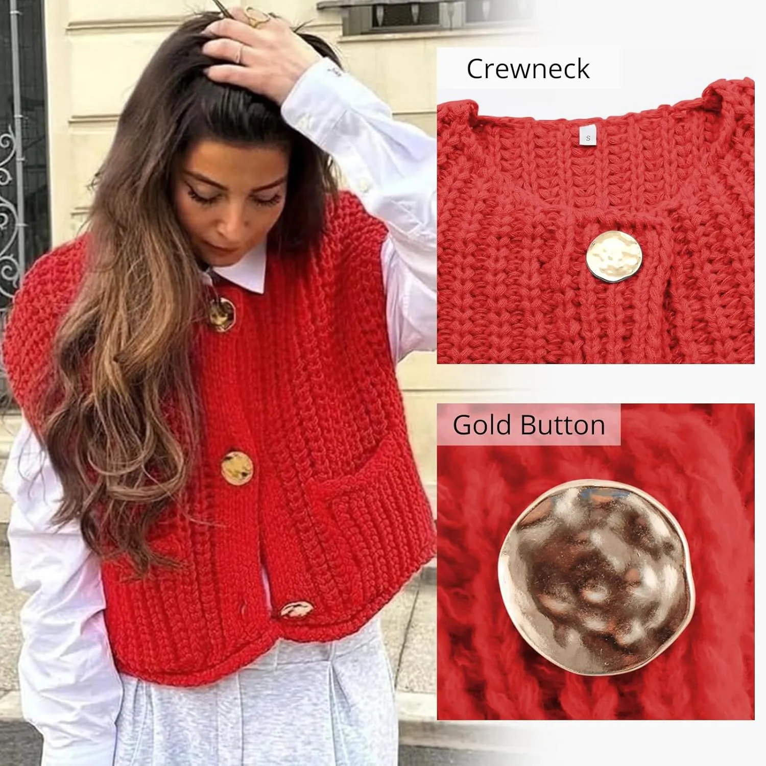 Baonmy Women's Sleeveless Cropped Chunky Knit Cardigan 2025 Casual Button Down Crochet Sweater Vest Tops with Pockets