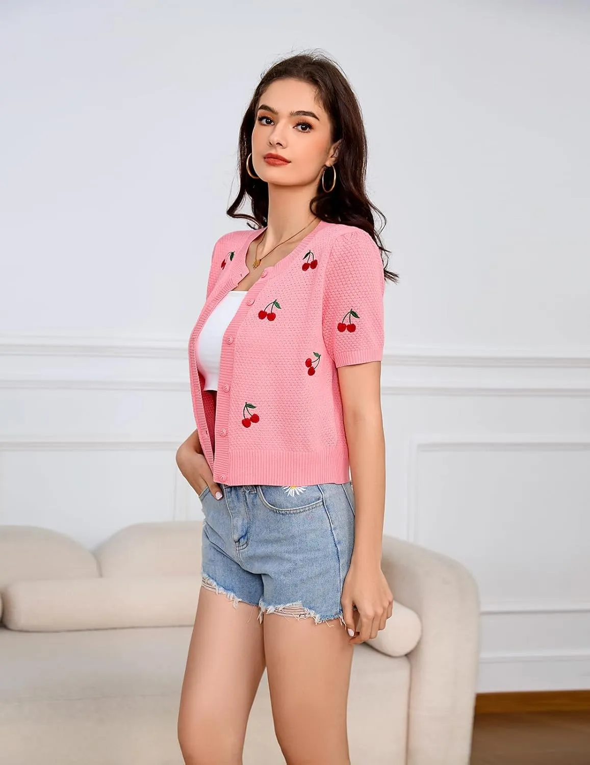 Bbonlinedress Women's Summer Cardigan Sweater Cropped Short Sleeve Button Down Knit Bolero Shrugs