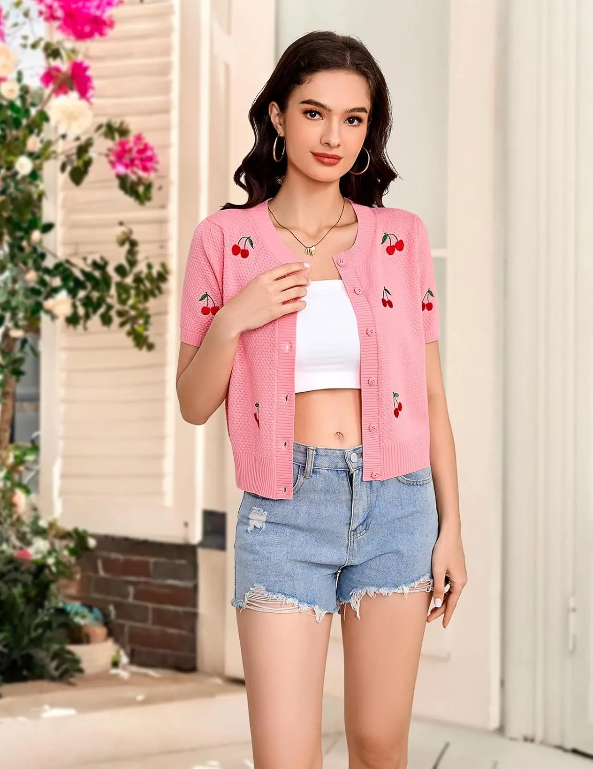 Bbonlinedress Women's Summer Cardigan Sweater Cropped Short Sleeve Button Down Knit Bolero Shrugs
