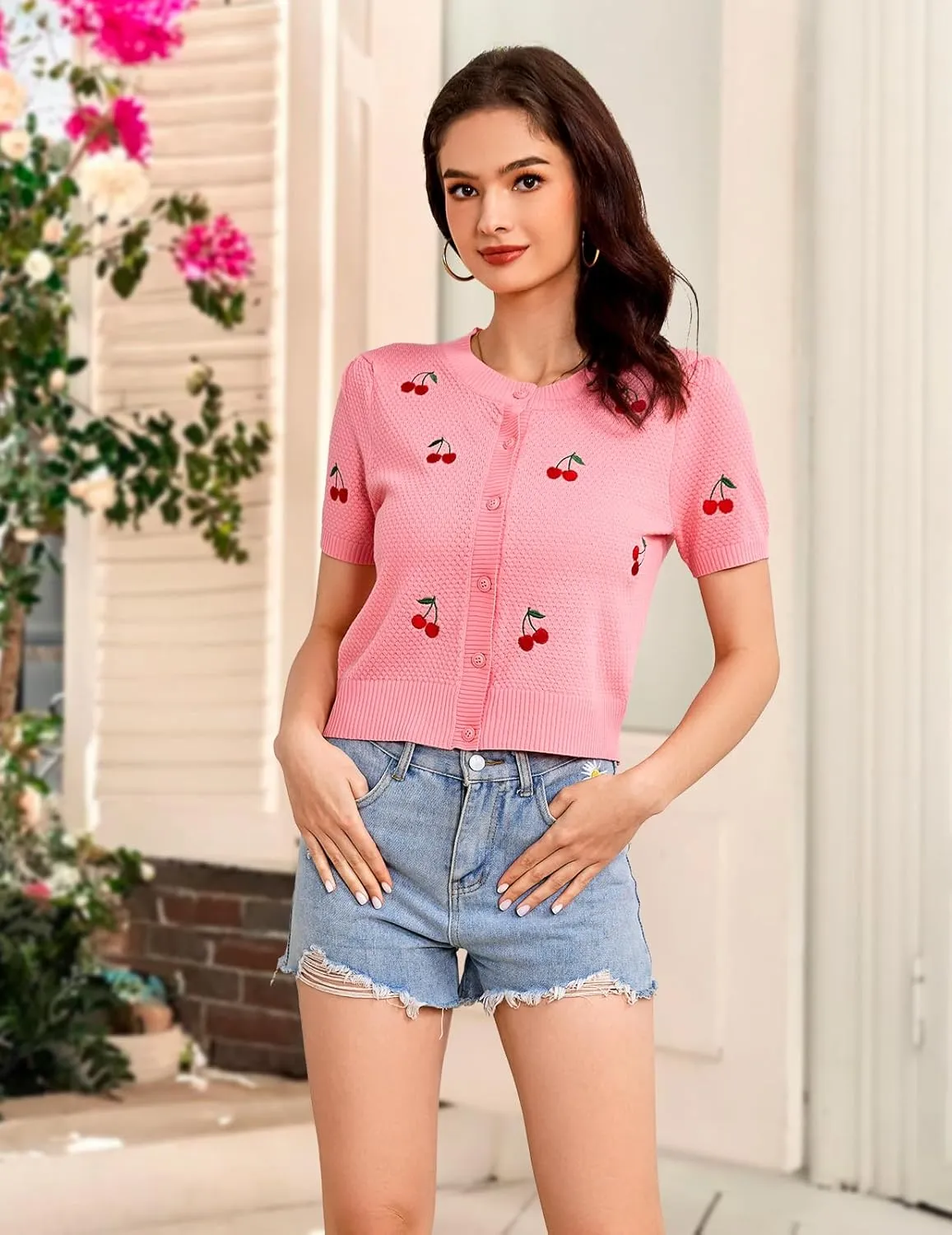 Bbonlinedress Women's Summer Cardigan Sweater Cropped Short Sleeve Button Down Knit Bolero Shrugs