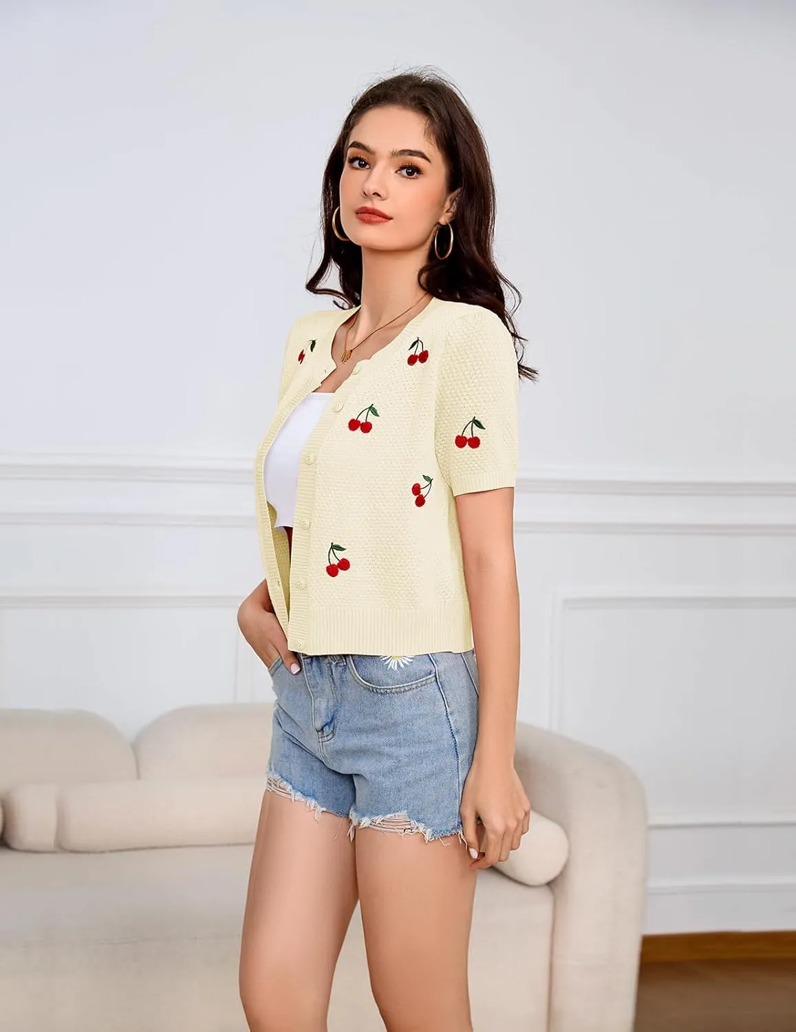Bbonlinedress Women's Summer Cardigan Sweater Cropped Short Sleeve Button Down Knit Bolero Shrugs