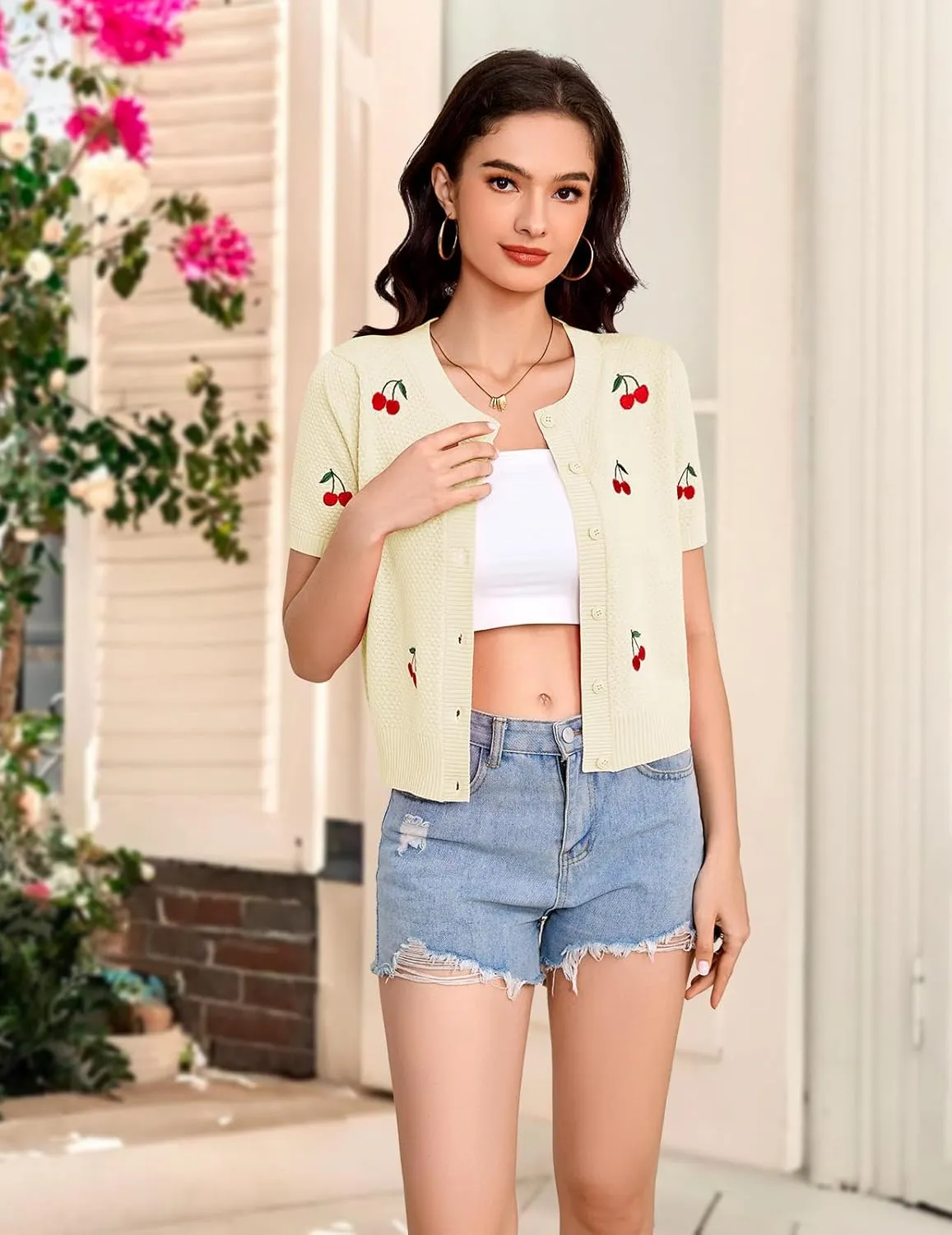 Bbonlinedress Women's Summer Cardigan Sweater Cropped Short Sleeve Button Down Knit Bolero Shrugs