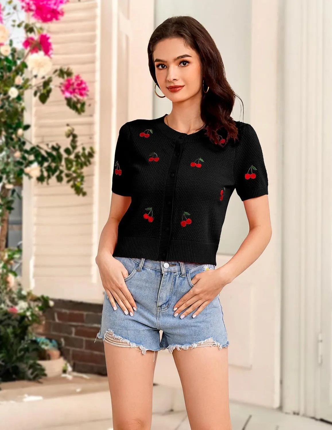 Bbonlinedress Women's Summer Cardigan Sweater Cropped Short Sleeve Button Down Knit Bolero Shrugs