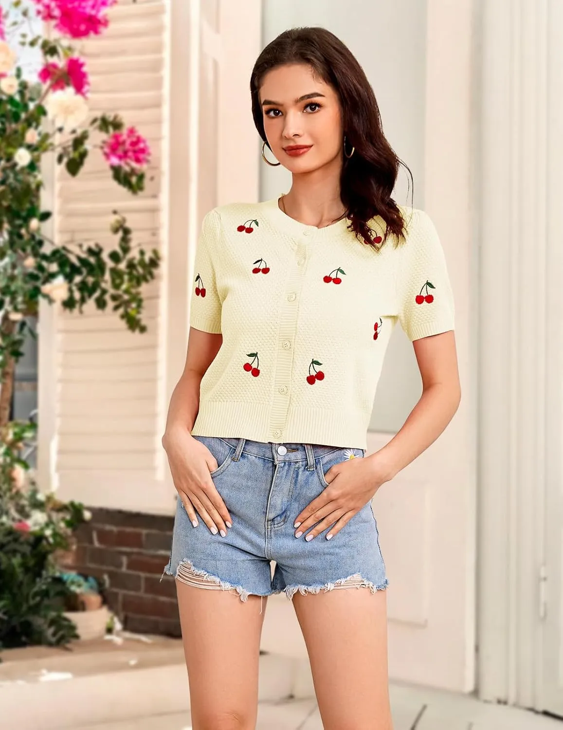 Bbonlinedress Women's Summer Cardigan Sweater Cropped Short Sleeve Button Down Knit Bolero Shrugs