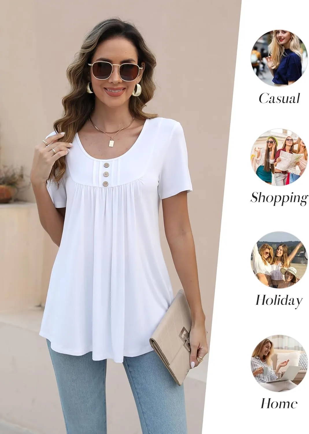 BeadChica Women's Tunic Tops For Leggings Short Sleeve Shirts Botton Up Casual Ruched Blouses Clothes