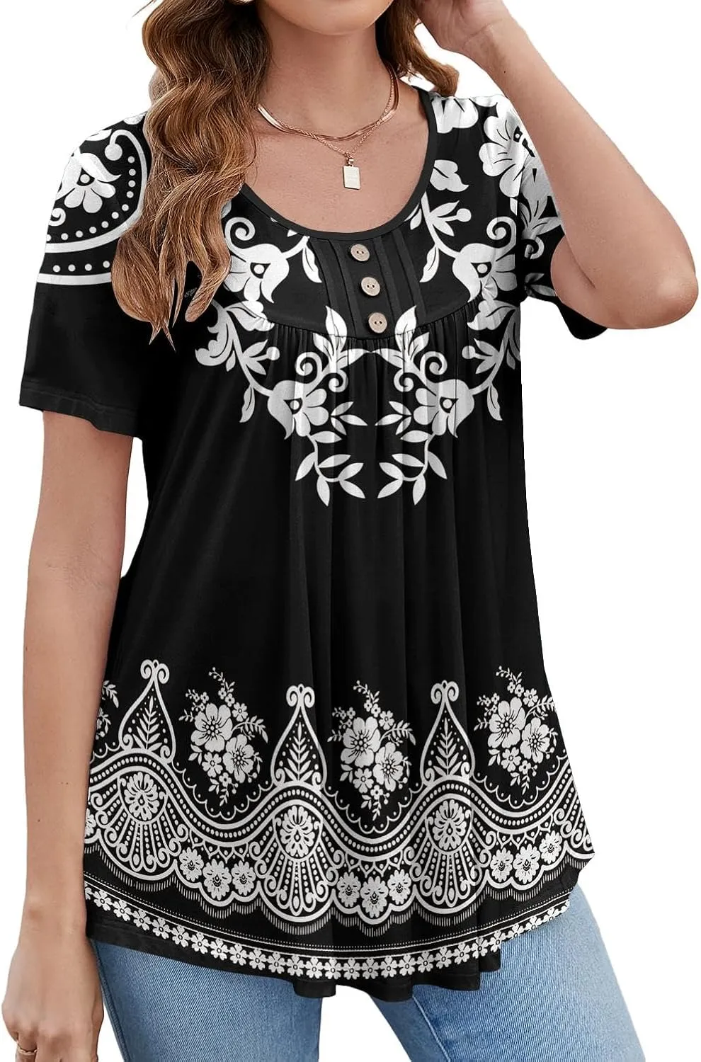 BeadChica Women's Tunic Tops For Leggings Short Sleeve Shirts Botton Up Casual Ruched Blouses Clothes