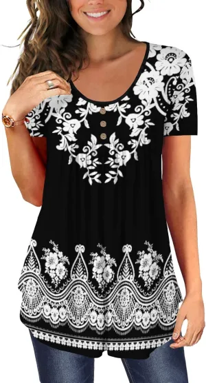 BeadChica Women's Tunic Tops For Leggings Short Sleeve Shirts Botton Up Casual Ruched Blouses Clothes