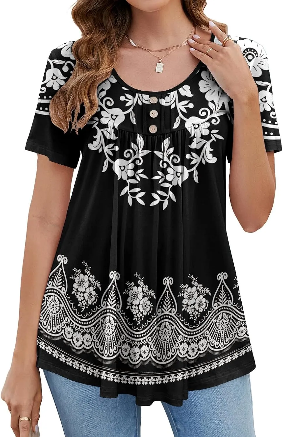 BeadChica Women's Tunic Tops For Leggings Short Sleeve Shirts Botton Up Casual Ruched Blouses Clothes