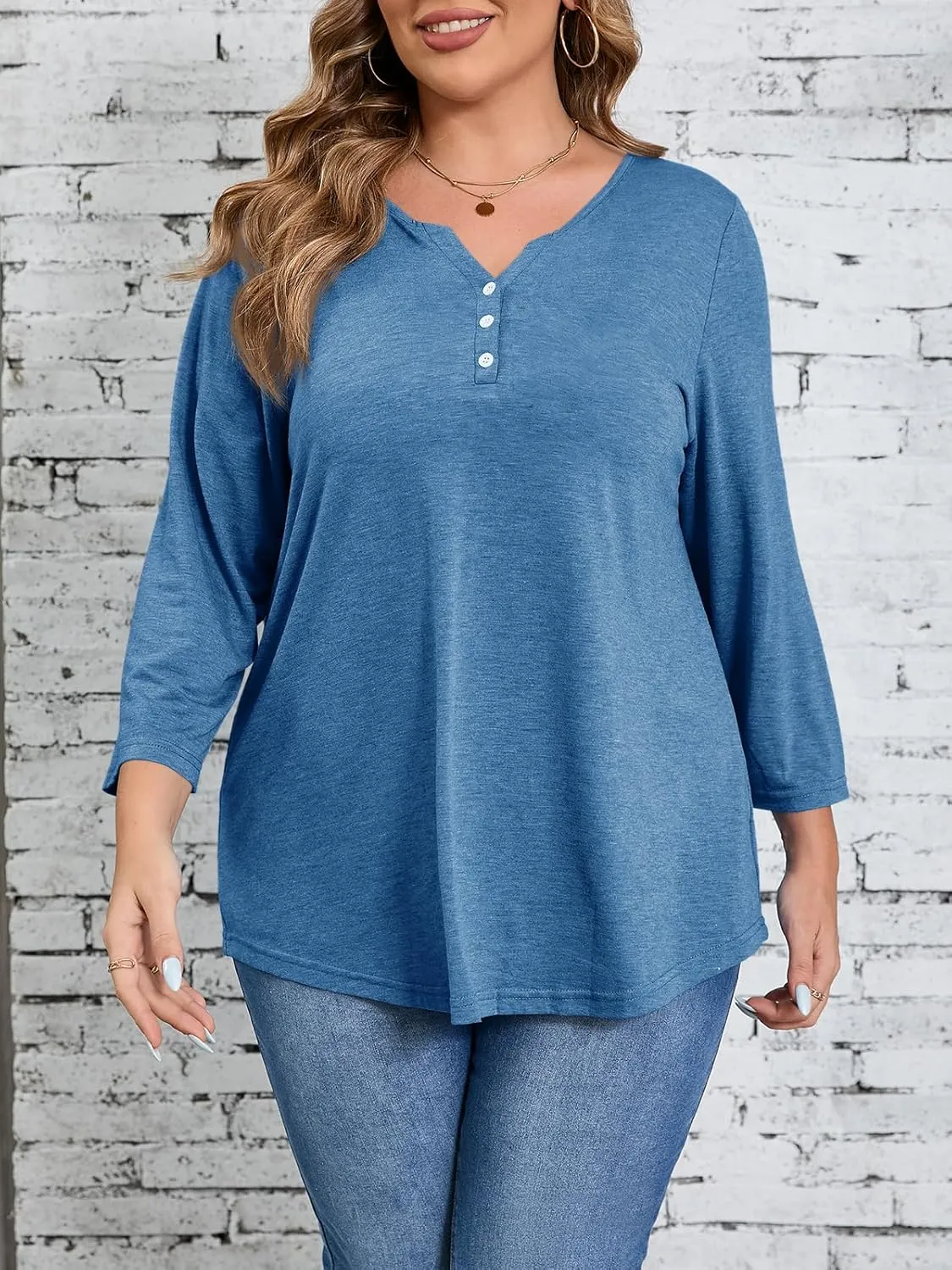 Beautife Womens Plus Size T-Shirts V Neck 3/4 Sleeve Tops Fall Henley Shirts Casual Basic Loose Fit Blouses