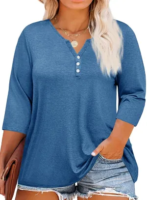 Beautife Womens Plus Size T-Shirts V Neck 3/4 Sleeve Tops Fall Henley Shirts Casual Basic Loose Fit Blouses