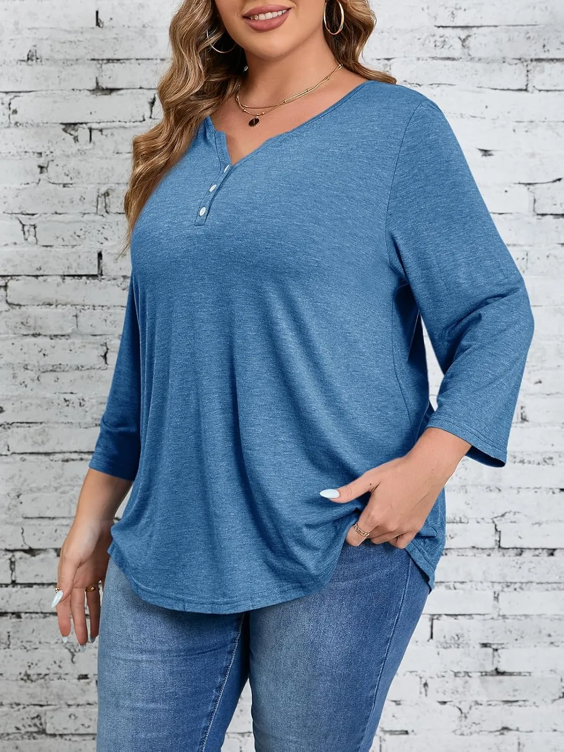 Beautife Womens Plus Size T-Shirts V Neck 3/4 Sleeve Tops Fall Henley Shirts Casual Basic Loose Fit Blouses