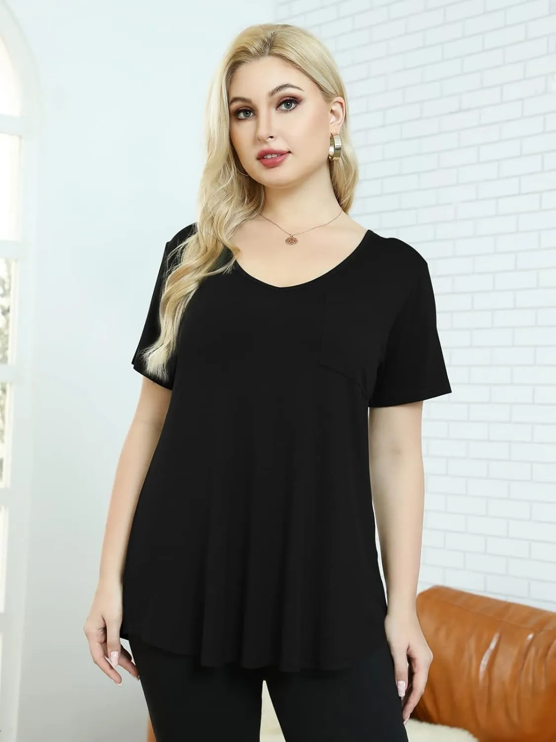 BELAROI Women Plus Size V-Neck Tunic Tops Loose T Shirt with Pocket