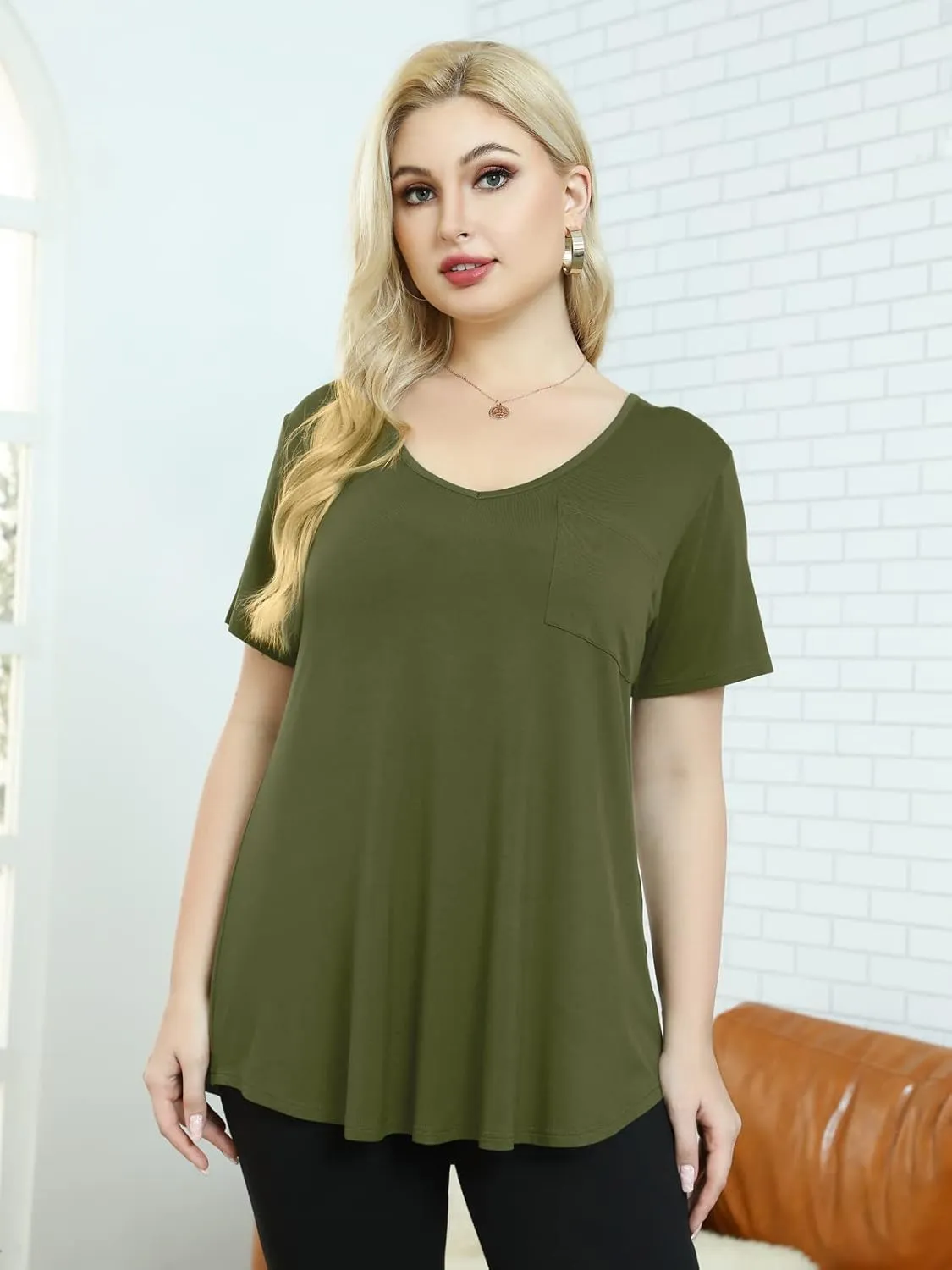 BELAROI Women Plus Size V-Neck Tunic Tops Loose T Shirt with Pocket