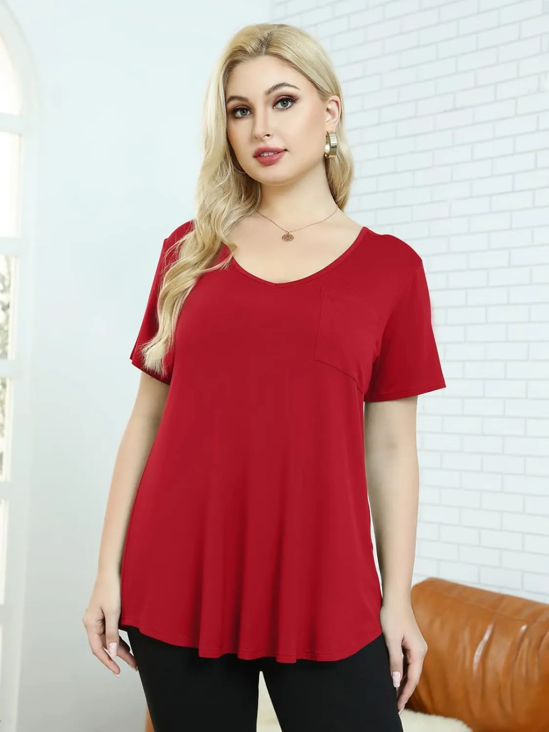 BELAROI Women Plus Size V-Neck Tunic Tops Loose T Shirt with Pocket