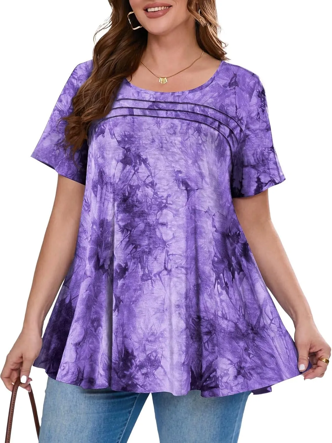BELAROI Womens Plus Size Tops Tunic Short Sleeve T Shirts Dressy Casual Blouses Trendy Flowy Pleated Crew Neck Summer Outfits