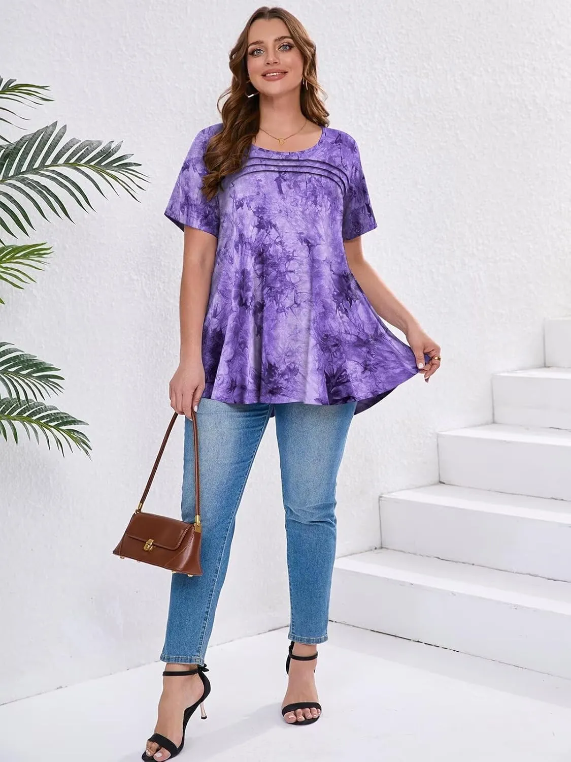 BELAROI Womens Plus Size Tops Tunic Short Sleeve T Shirts Dressy Casual Blouses Trendy Flowy Pleated Crew Neck Summer Outfits