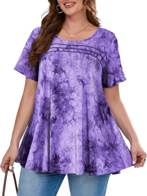 BELAROI Womens Plus Size Tops Tunic Short Sleeve T Shirts Dressy Casual Blouses Trendy Flowy Pleated Crew Neck Summer Outfits