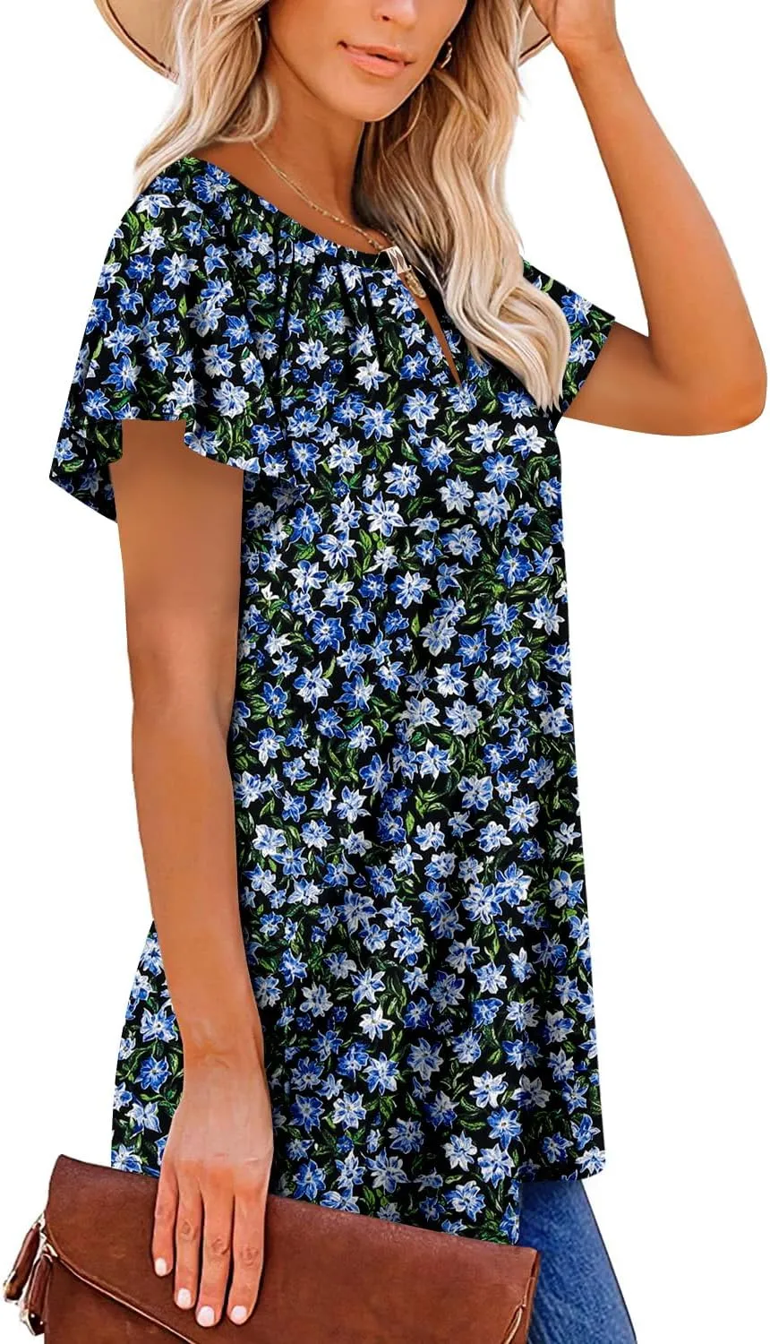BETTE BOUTIK Womens Crewneck Short Sleeve KeyholeSummer Tunic Tops Pleated Shirts Blouses S-3XL
