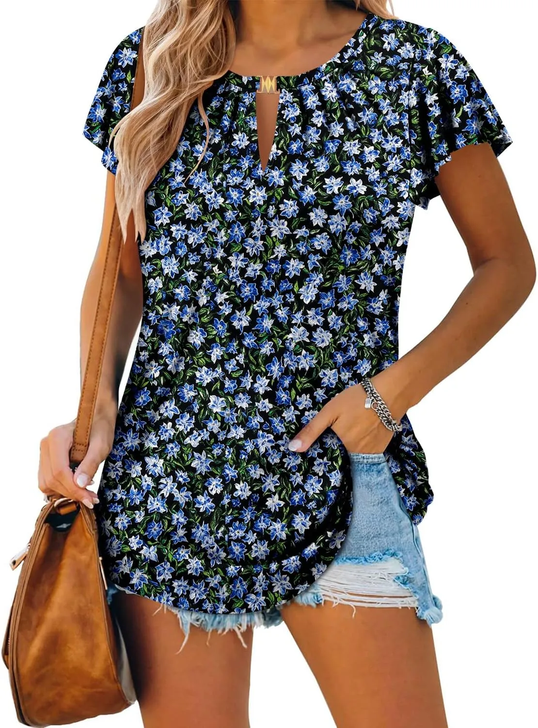 BETTE BOUTIK Womens Crewneck Short Sleeve KeyholeSummer Tunic Tops Pleated Shirts Blouses S-3XL