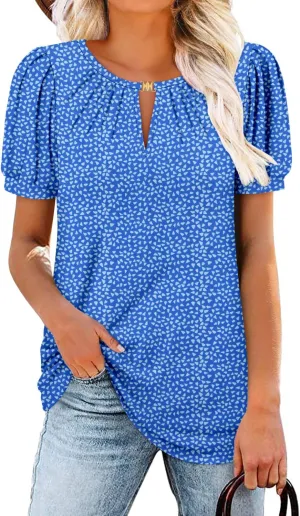 BETTE BOUTIK Womens Crewneck Short Sleeve KeyholeSummer Tunic Tops Pleated Shirts Blouses S-3XL